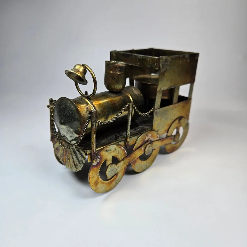 Vintage Metal Tin Train Railroad Engine Candle Holder Patina Copper Brass Tone‎
